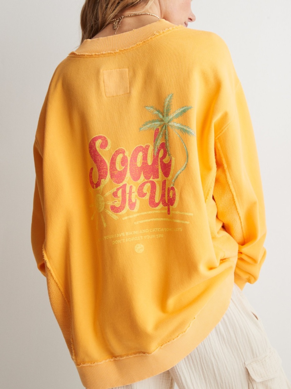 Aerie - Vacay Every Day V Neck Orange Palm Tree "Soak It Up" Sweatshirt - XXL